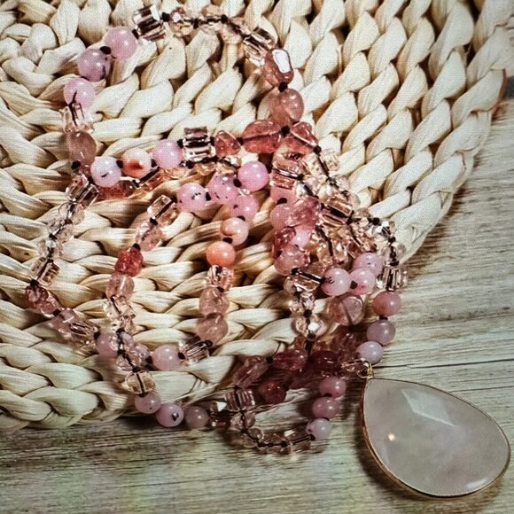 Bohemian Natural Stone Glass Knot Pendant Necklace | Gift Box Included , Pink Q - Picture 3 of 12